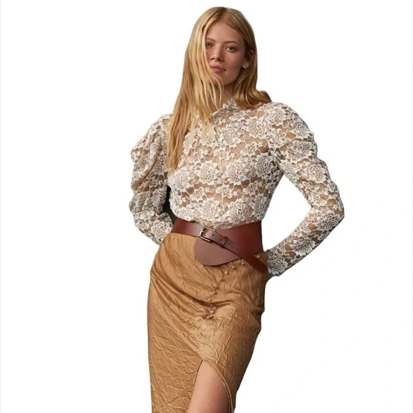 Anthropologie Sheer Lace Mock Neck Top - Picture 1 of 4